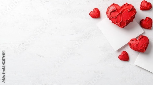 Red hearts, blank cards, white background; Valentine's Day greeting