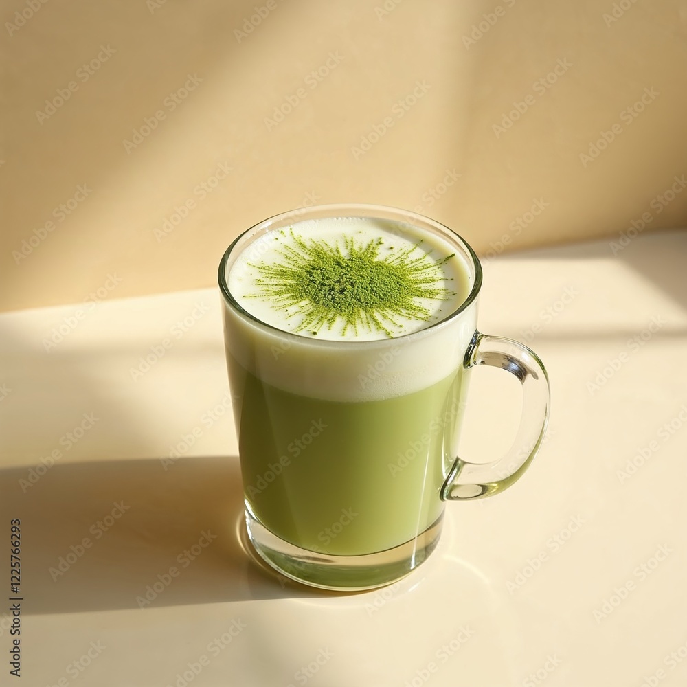 A creamy keto matcha latte with almond milk, topped with a frothy layer and a sprinkle of matcha powder, served in a clear glass mug A creamy keto matcha latte with almond milk, topped with a frothy layer and a sprinkle of matcha powder, served in a clear glass mug