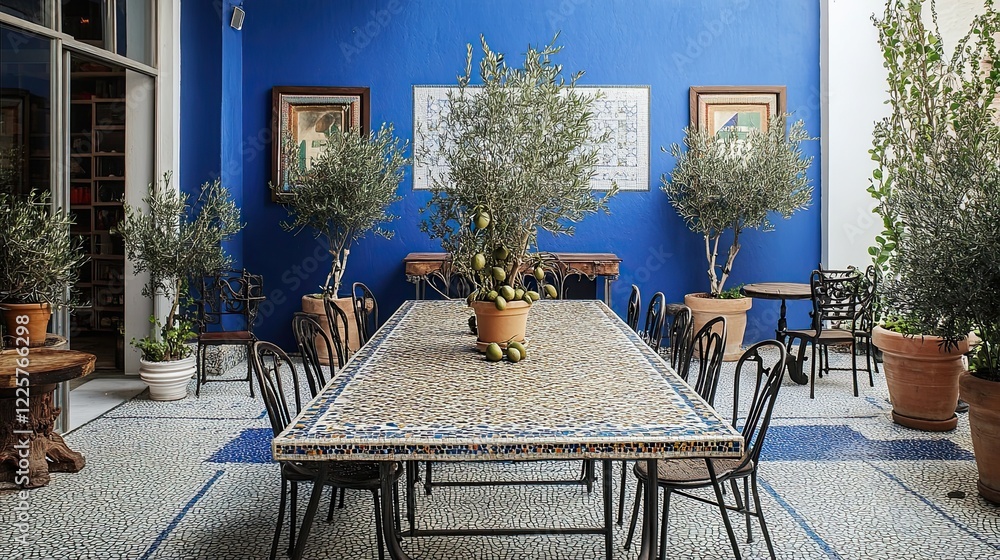 Obraz premium A Mediterranean dining area with a mosaic-tiled rectangular table