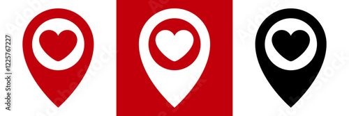 Pin location icon with heart inside it. Love is here. Love, caring romance and warm feelings associated with a certain place. Design for Valentine's Day. 14 February.