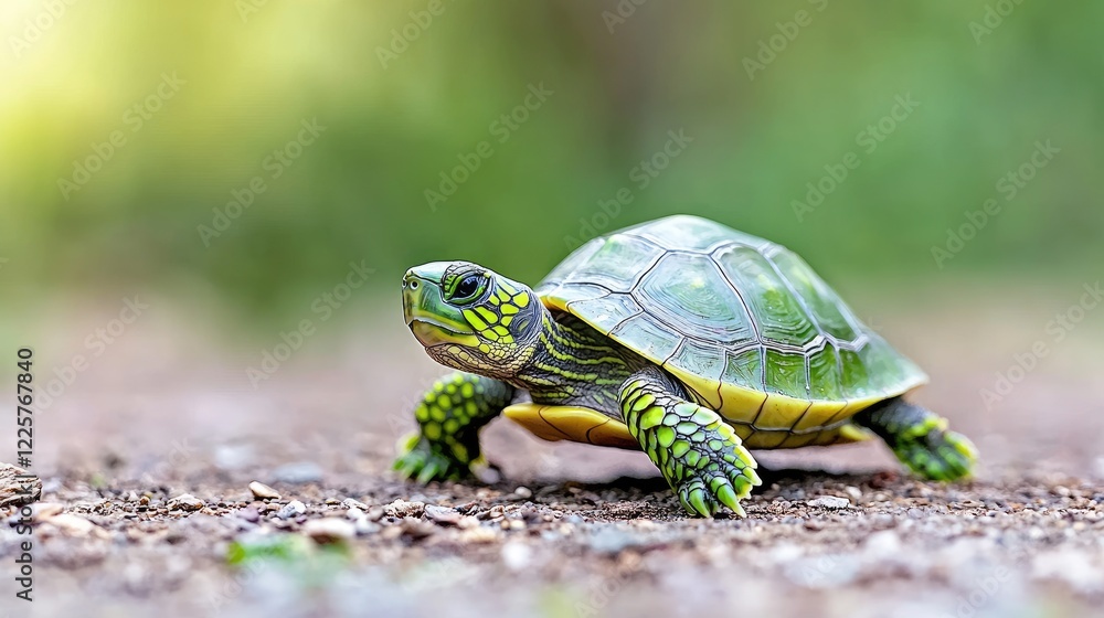 Baby turtle walking on forest ground, nature background, wildlife, pet Baby turtle walking on forest ground, nature background, wildlife, pet