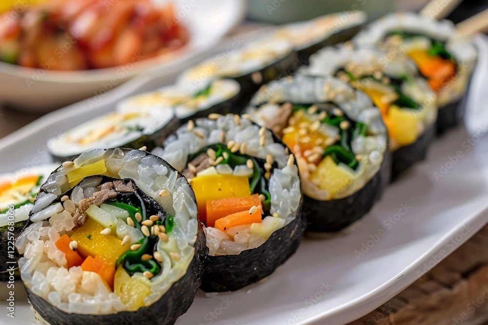 Close-up of gimbap or kimbap, a popular korean food, on a white rectangular plate Close-up of gimbap or kimbap, a popular korean food, on a white rectangular plate