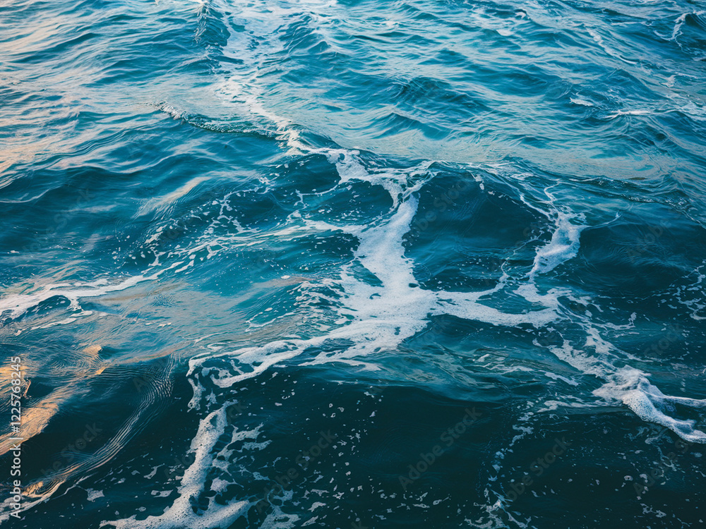 Close-up of the ocean's surface under a cloudy sky, featuring deep gray-blue waves with silvery reflections. White foam accents the dynamic water, blending shadowed depths Close-up of the ocean's surface under a cloudy sky, featuring deep gray-blue waves with silvery reflections. White foam accents the dynamic water, blending shadowed depths