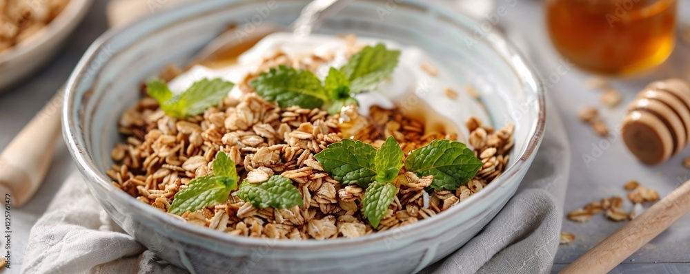 Ceramic bowl filled with creamy yogurt, crunchy granola, a drizzle of golden honey, and fresh mint leaves Ceramic bowl filled with creamy yogurt, crunchy granola, a drizzle of golden honey, and fresh mint leaves