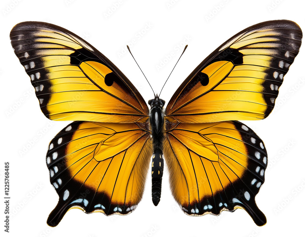 A stunning yellow butterfly with bold black markings, cut out against a transparent backdrop. A stunning yellow butterfly with bold black markings, cut out against a transparent backdrop.