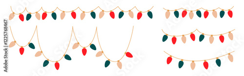 Christmas lights set. Garlands sectioned with colored bulbs. Glowing Xmas festive string decoration with hanging retro lamps lightbulb for holiday cards, banners, posters, web. Vector illustration