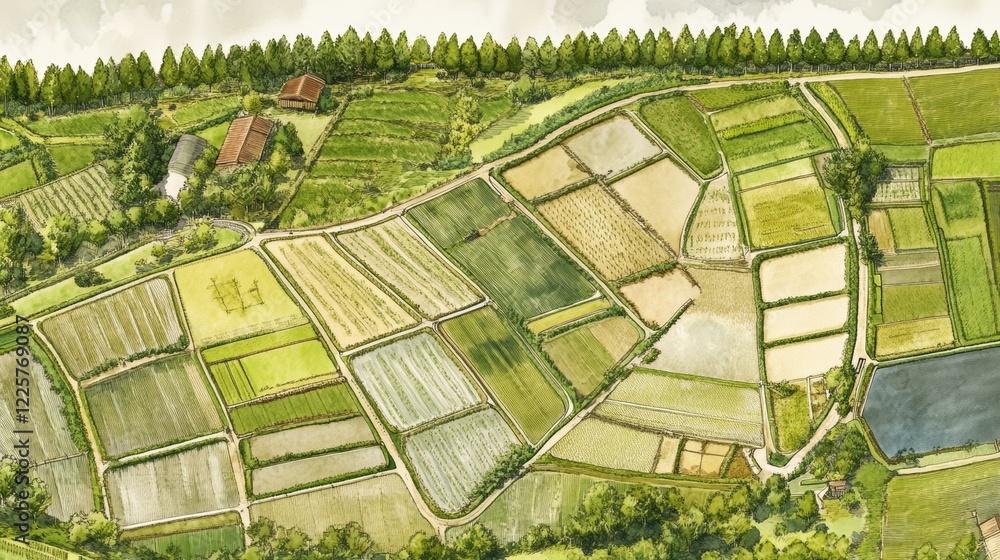 Fototapeta premium Rice farm Map Bird Eye View