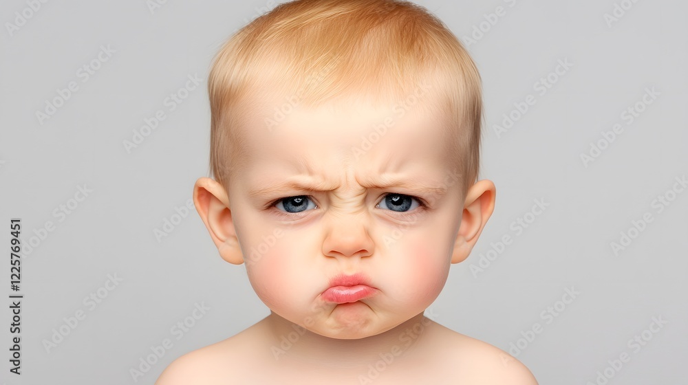 Adorable Baby with Grumpy Facial Expression, Portrait, Closeup Adorable Baby with Grumpy Facial Expression, Portrait, Closeup