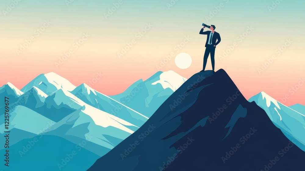 vision for success ideas. businessman's perspective for future planning. Silhouette of man holding binoculars on mountain peak against bright sunlight sky background. vision for success ideas. businessman's perspective for future planning. Silhouette of man holding binoculars on mountain peak against bright sunlight sky background.