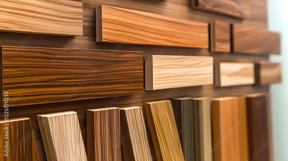 A variety of wood samples displayed on a wall, showcasing different grains, colors, and textures. Ideal for interior design and construction projects. A variety of wood samples displayed on a wall, showcasing different grains, colors, and textures. Ideal for interior design and construction projects.