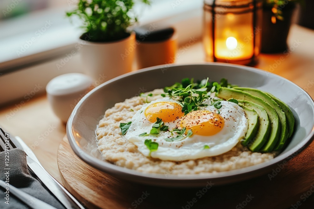 Savory oatmeal with poached eggs and avocado in a calm morning setting during Ramadan family bonding Savory oatmeal with poached eggs and avocado in a calm morning setting during Ramadan family bonding