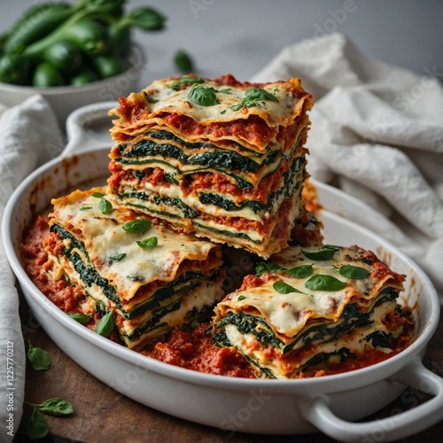 close up view of a nutritious and well-cooked lasagna on the table Lasagna served with a side salad, beautifully presented on a patterned plate, ready for a meal.create me an image of a ridiculously  photo