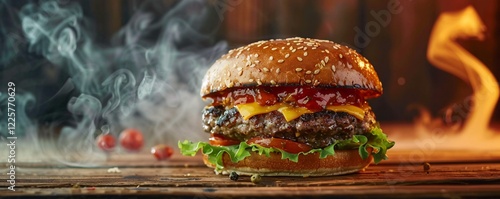 Freshly grilled burger with melted cheese and sauce, steaming on a wooden table