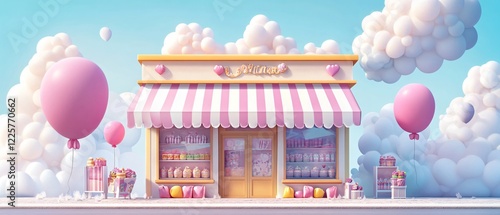 Vibrant Candy Shop Facade with Pastel Balloons - Tempting Confectionery Store Exterior Displaying Colorful Decorations and Sweet Treats