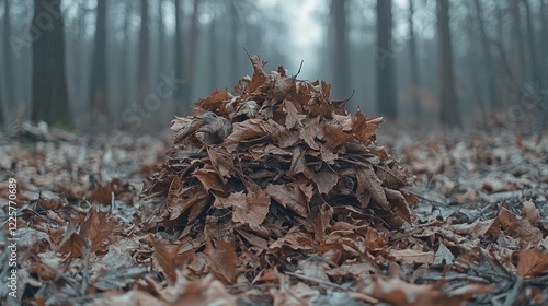 Autumn leaves pile in misty forest; nature background photo