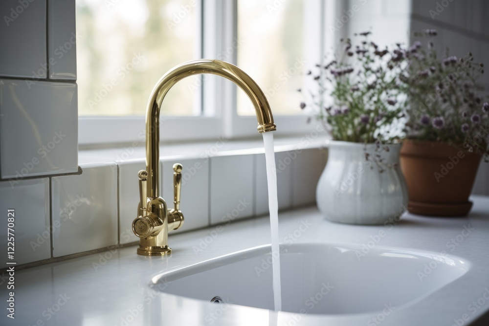 Modern Brass Faucet and Round Porcelain Sink on White Kitchen Countertop. Elegant Furniture Piece for Interior Design in Contemporary Home Modern Brass Faucet and Round Porcelain Sink on White Kitchen Countertop. Elegant Furniture Piece for Interior Design in Contemporary Home