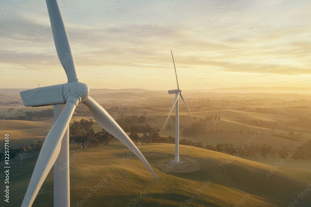 Wind turbines harnessing wind energy in a scenic landscape during golden hour.
