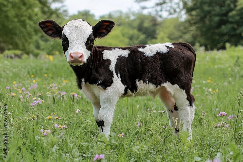 A newborn calf stands proudly in a lush green field filled with colorful wildflowers, embodying the essence of spring renewal and nature's beauty A newborn calf stands proudly in a lush green field filled with colorful wildflowers, embodying the essence of spring renewal and nature's beauty