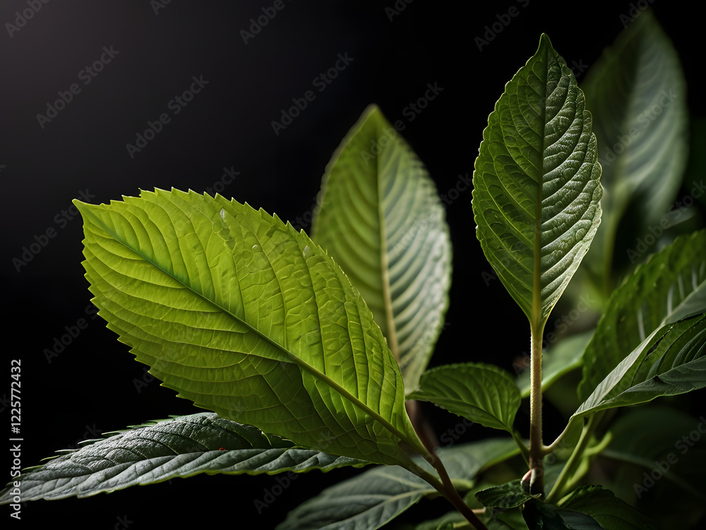 Fototapeta premium Kratom plant in close, black background, study light, high contrast