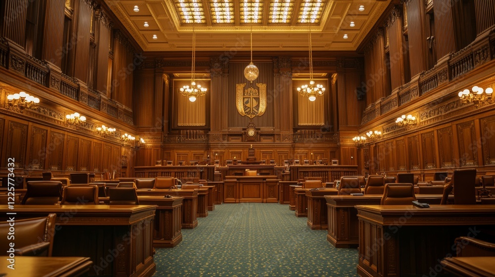 Obraz premium Empty American Style Courtroom. Supreme Court of Law and Justice Trial Stand. Courthouse Before Civil Case Hearing Starts. Grand Wooden Interior with Judge's Bench, Defendant's and Plaintiff's Tables.