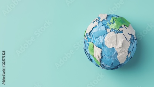 Global recycling day with sustainability and resources idea. Colorful globe made with recycling materials on a turquoise background.