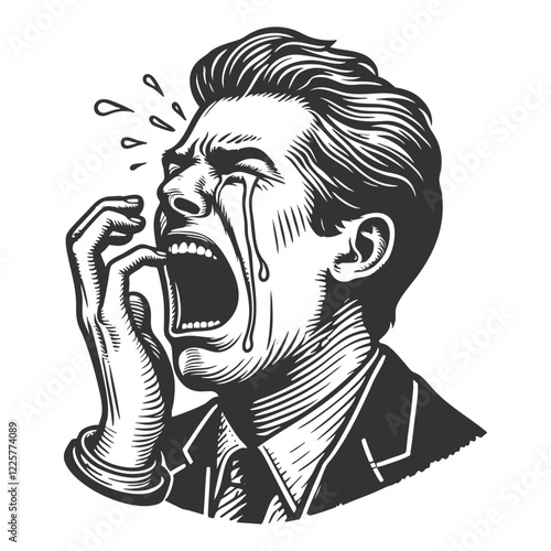 Dramatic Crying Man engraving vector illustration