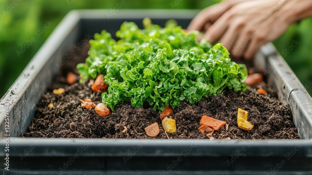 Global recycling day with sustainability and resources idea. Fresh lettuce growing in a garden planter with recycled compost. Global recycling day with sustainability and resources idea. Fresh lettuce growing in a garden planter with recycled compost.