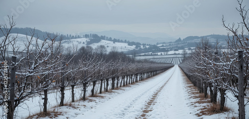 Wallpaper Mural Vineyard rows line a snowy path, highlighting a serene winter day. Leafless vines stretch towards distant rolling hills under a cloudy sky, creating a tranquil atmosphere Torontodigital.ca