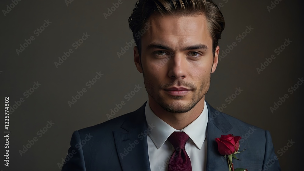portrait photograph of a handsome man in a sharp, well-fitted suit with a single red rose flower boutonniere on his lapel portrait photograph of a handsome man in a sharp, well-fitted suit with a single red rose flower boutonniere on his lapel
