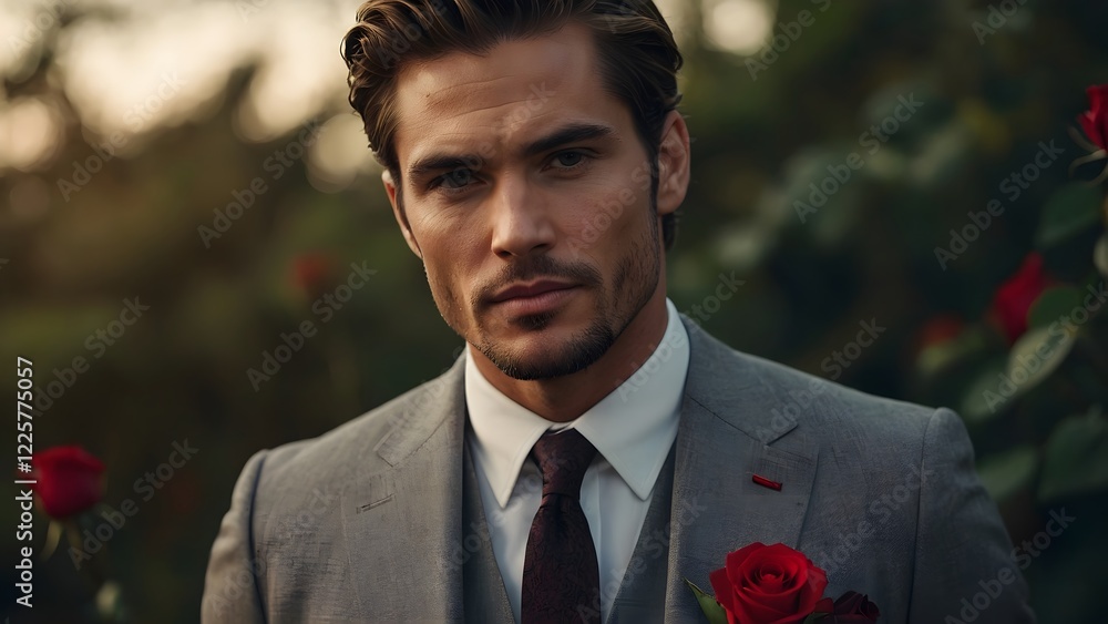 portrait photograph of a handsome man in a sharp, well-fitted suit with a single red rose flower boutonniere on his lapel portrait photograph of a handsome man in a sharp, well-fitted suit with a single red rose flower boutonniere on his lapel