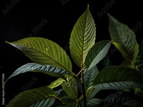 Kratom plant in close, black background, study light, high contrast