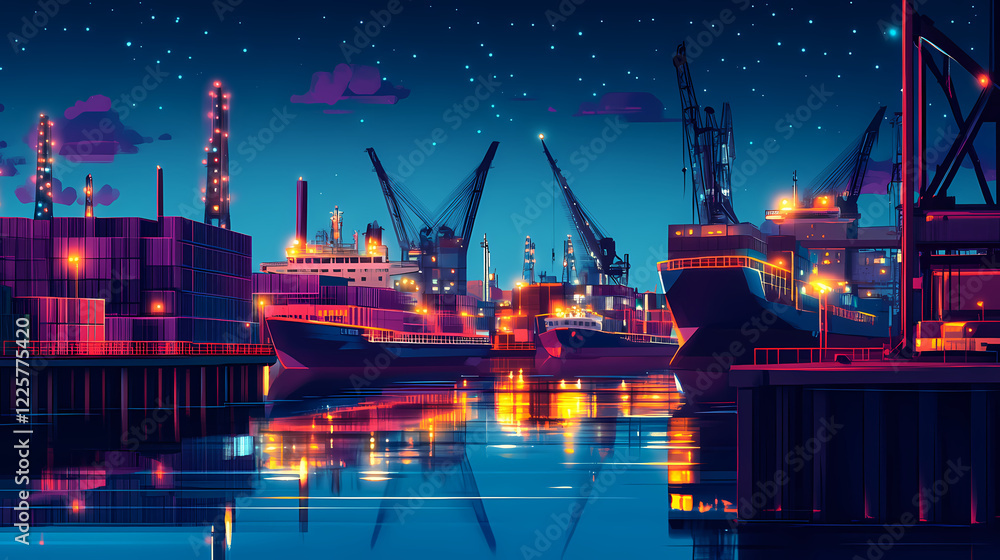 Obraz premium Industrial nighttime harbor scene port city photography urban close-up maritime economy. Dream Haven. Illustration