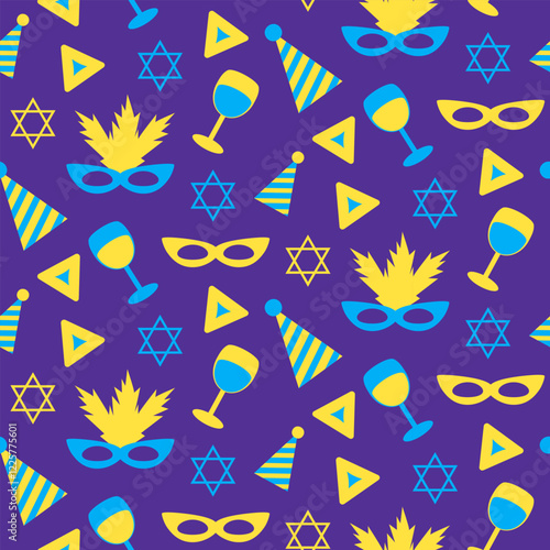 Vibrant Purim seamless pattern with masks, wine glasses, party hats, Star of David symbols, and hamantaschen triangles in yellow and blue on purple background. Vector Jewish holiday illustration