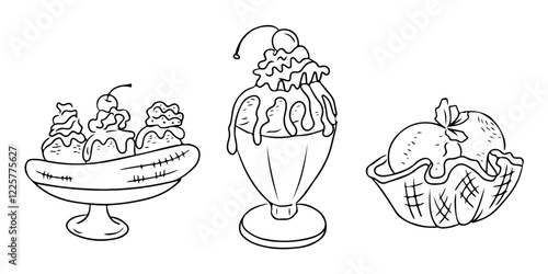 Hand drawn contour illustration of ice cream desserts, including a banana split, sundae with cherry topping, and waffle bowl with scoops. Vector line art composition isolated on white background