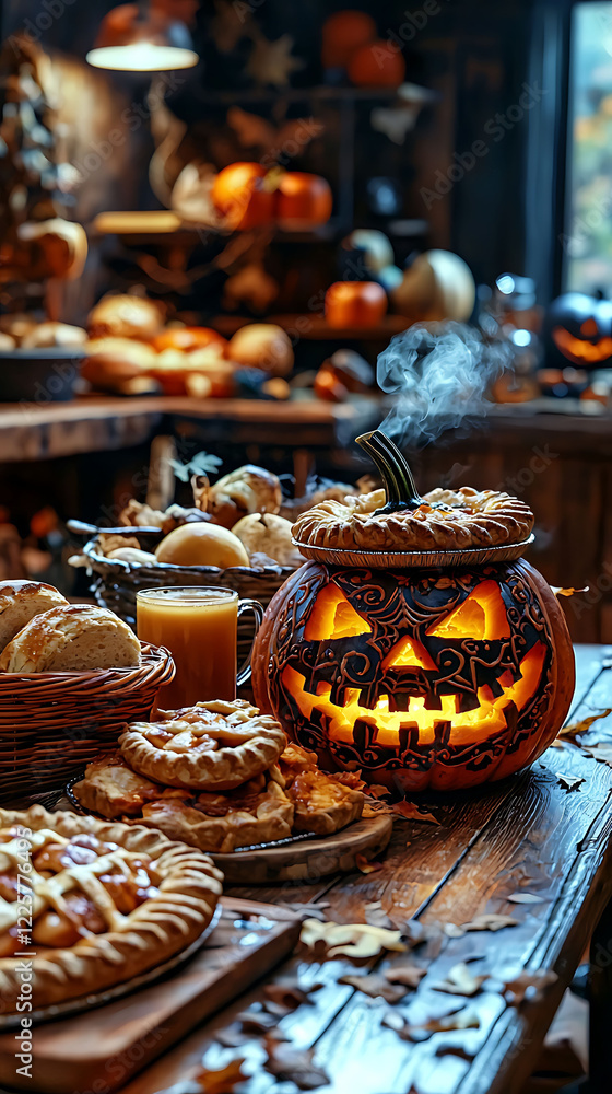 Fototapeta premium Spooky Halloween feast A glowing jackolantern centerpiece holds a warm apple pie, surrounded by other treats fall décor. Perfect for autumn, Thanksgiving, or Halloweenthemed projects.