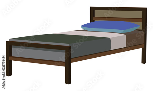 Simple wooden bed with mattress, pillow, and bedsheet - minimalist furniture design illustration