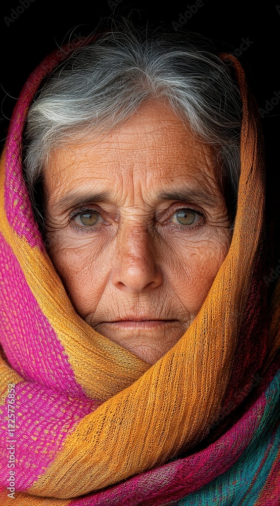 Portrait of an older woman with gray hair colorful shawl close-up studio cultural identity Portrait of an older woman with gray hair colorful shawl close-up studio cultural identity