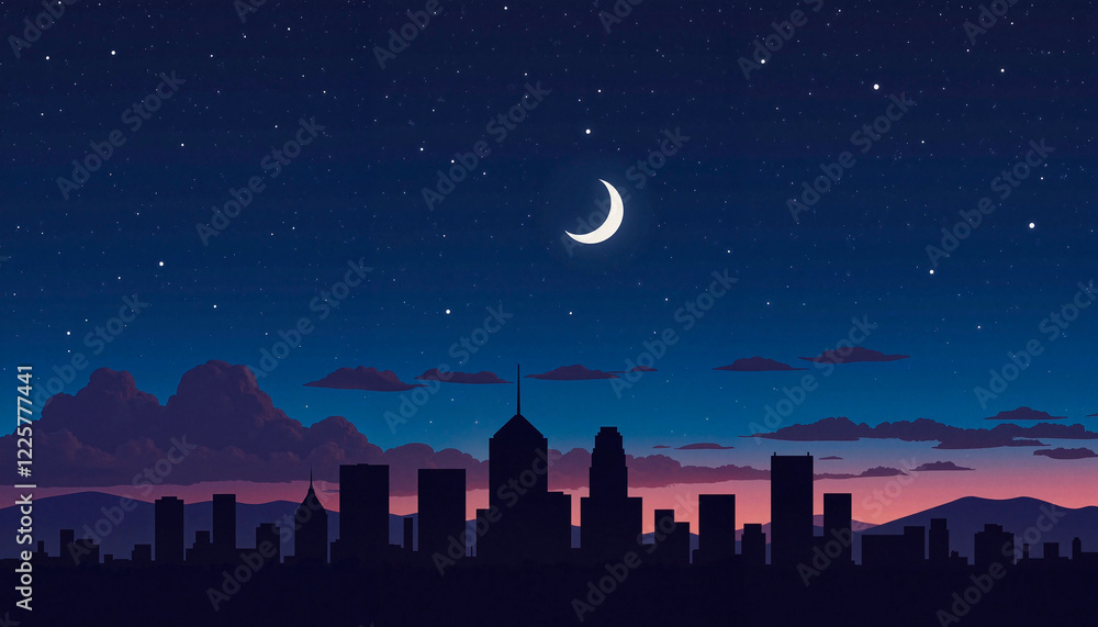 Silhouetted city skyline under a crescent moon at midnight, serenity Silhouetted city skyline under a crescent moon at midnight, serenity