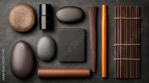 A minimalist arrangement of stones, brushes, and a mat showcases a calming aesthetic, suitable for spa, wellness, or meditation-related projects, emphasizing tranquility and natural beauty, photo