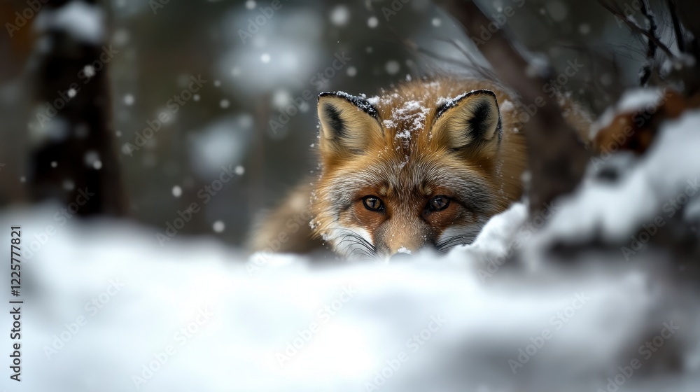 Obraz premium Fox in Winter, a detailed scene of a fox in a snowy landscape, showcasing its sharp features and vibrant fur against the white backdrop