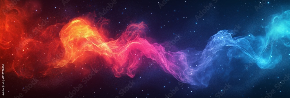 Colorful swirling clouds of cosmic gas and dust in a starry night sky display vibrant hues Colorful swirling clouds of cosmic gas and dust in a starry night sky display vibrant hues