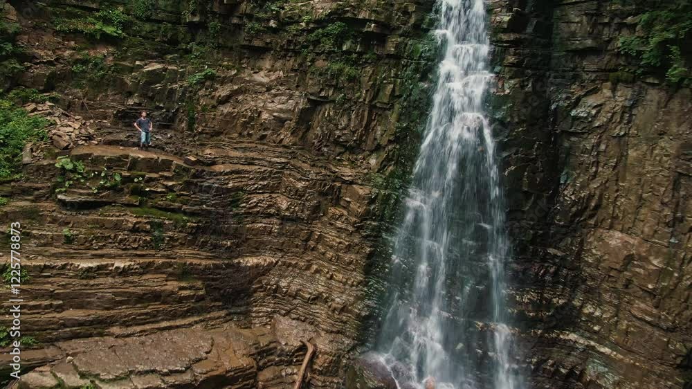 Traveler near the beautiful waterfall in green forest. Aerial view of mountain waterfall, large stones. Crystal clear water that flows quickly. Beautiful nature landscape. Traveler near the beautiful waterfall in green forest. Aerial view of mountain waterfall, large stones. Crystal clear water that flows quickly. Beautiful nature landscape.