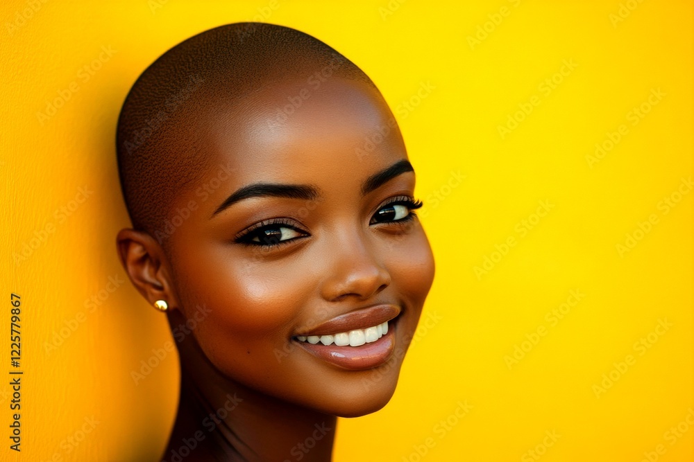 Commercial ad concept layout drawing. Attractive smiling black girl - for ads, print ad and web use. Short coiffure - bald head - no hair. Black girl commercial photography. Black model. Commercial ad concept layout drawing. Attractive smiling black girl - for ads, print ad and web use. Short coiffure - bald head - no hair. Black girl commercial photography. Black model.