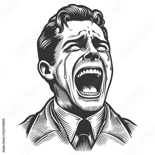Dramatic Crying Man engraving vector illustration
