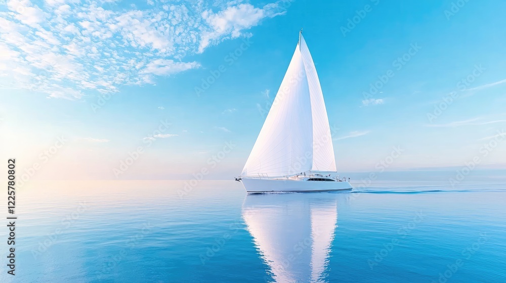 Obraz premium Sailboat glides across calm ocean at sunrise. Peaceful seascape for travel brochures