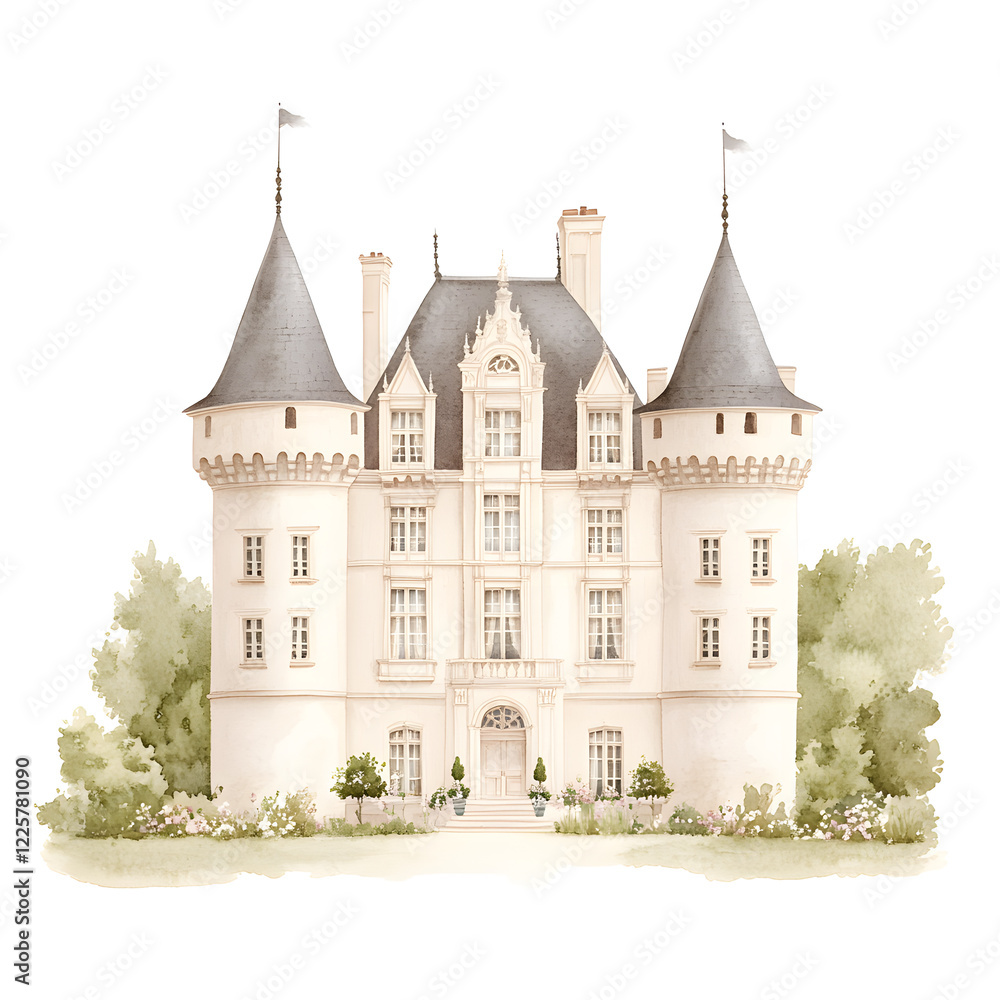 Fototapeta premium A charming chateau, a picturesque French-style country house, nestled amidst lush greenery. Its elegant architecture and tranquil setting evoke a sense of serenity and timeless beauty.
