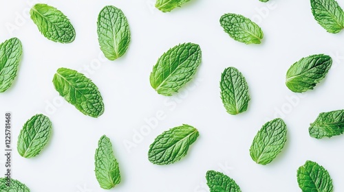Texture and pattern of mint leaves isolated on a white background: set of peppermint, mint pattern, flat lay, top view.