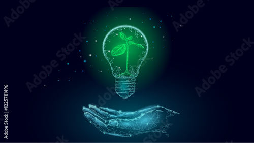 Lightbulb plant hand. Green sprout inside glowing bulb. Eco energy sustainability concept. Low poly geometric design vector illustration.