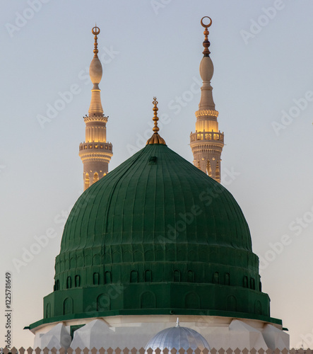 Beautiful view of The Green Dome of The Prophet Mosque, Al Masjid Al Nabawi, Al Madinah Al Munawwarah.