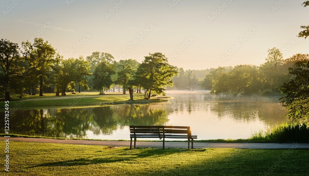 Obraz premium 호수 옆 벤치와 잔디밭이 조화를 이루는 도시 공원 풍경